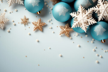 Christmas flat play festive decor of balloons and snowflakes on a light blue background with copy...