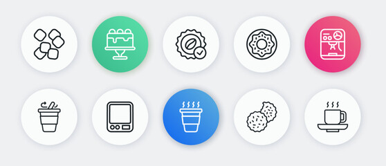 Set line Coffee cup to go, machine, Cookie or biscuit, Donut, Medal for coffee, and Electronic scales icon. Vector