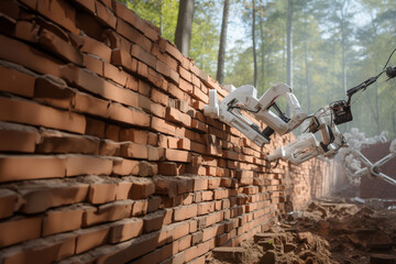 Robotic arms built a brick retaining wall at the construction site in the forest