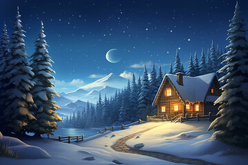 Winter Landscape with Cozy House