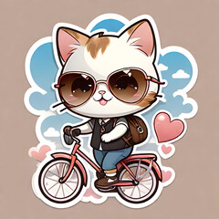 Cute cat with sunglasses riding a bicycle in the blue sky illustration