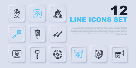 Set line Shield, Trumpet with flag, Medieval, Crusade, Mace spikes, Battle hammer, and Round shield icon. Vector