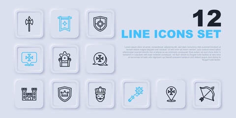 Set line Crusade, Medieval bow and arrow, throne, Mace with spikes, Shield crown, flag and King icon. Vector