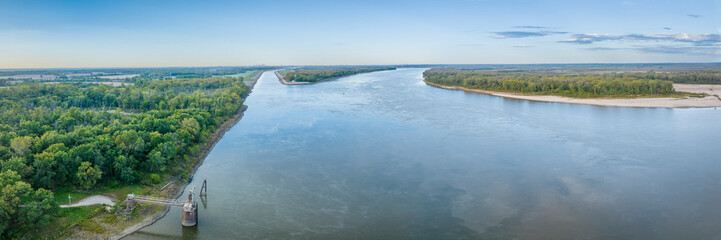 aerial panorama of Mississippi River and entrance to the Chain of Rocks Bypass Canal above St Louis - obrazy, fototapety, plakaty