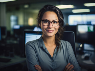 Fototapeta premium A female software engineer in a tech office, standing by a computer workstation and engaging with the camera
