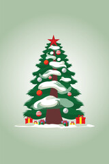vector illustration of a christmas tree with snow, lights and gifts.