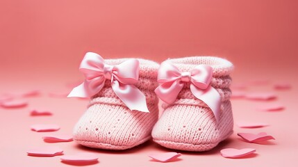 baby booties on a pink background.