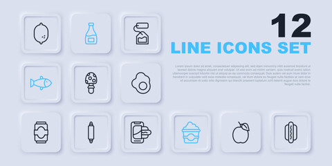 Set line Plum fruit, Hotdog, Fly agaric mushroom, Popcorn in cardboard box, Fish, Rolling pin, Sauce bottle and Food ordering on mobile icon. Vector
