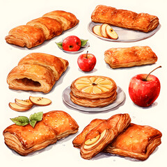 Apple Turnovers, bread icons. Bakery pastry products. Sweet desserts, watercolor illustration - obrazy, fototapety, plakaty
