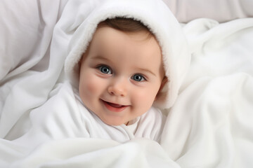 Fototapeta na wymiar Adorable Smiling Baby on Bed with White Blanket