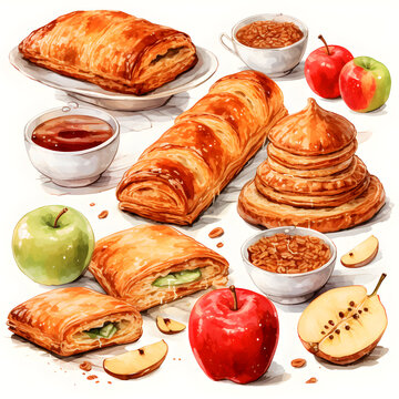 Apple Turnovers, bread icons. Bakery pastry products. Sweet desserts, watercolor illustration