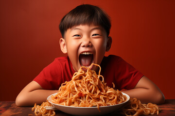 child eating pasta - obrazy, fototapety, plakaty