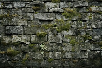 Rough stone wall with moss and lichen - natural weathered texture - a timeless backdrop for creative endeavors. - obrazy, fototapety, plakaty