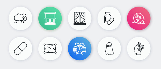 Set line Alarm clock, Sleepy, Sleeping pill, Ghost, Window with curtains, Dreams and Pillow icon. Vector