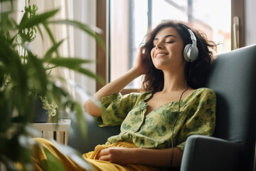 A woman, wearing headphones, in a yellow outfit is sitting on a sofa in the living room while listening to music on the peaceful morning and looking at the view outside the window. Generative AI.. - obrazy, fototapety, plakaty