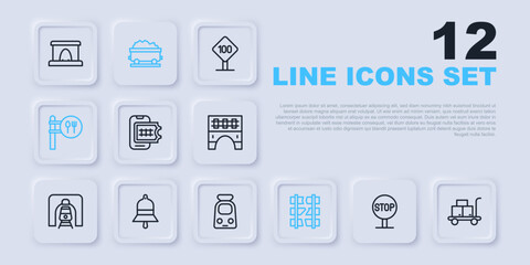 Set line Stop sign, Trolley suitcase, Online ticket booking, Broken or cracked railway, Cafe and restaurant location, Train station bell, Coal train wagon and icon. Vector