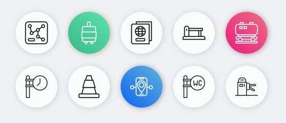 Set line Route location, Oil railway cistern, Train station clock, Toilet, Railway barrier, Passport, Turnstile and Traffic cone icon. Vector