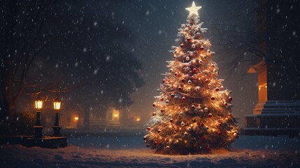 The snow-covered Christmas tree at night 