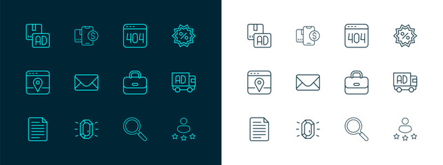Set line Discount percent tag, Diamond, Briefcase, Magnifying glass, Mail and e-mail, Page with 404 error, Advertising and Mobile dollar icon. Vector
