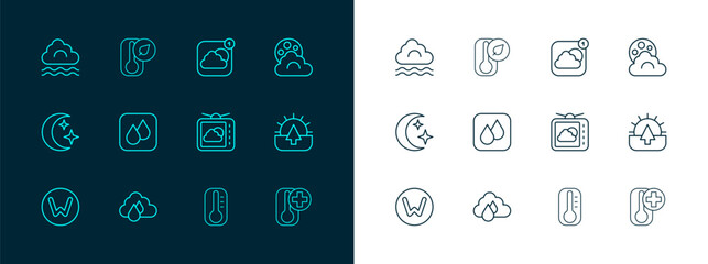 Set line Cloud with moon, rain, Weather forecast, Thermometer, Water drop, app, Fog and cloud and icon. Vector