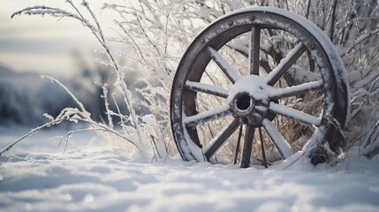 Fototapeta na wymiar snow covered old wheel 