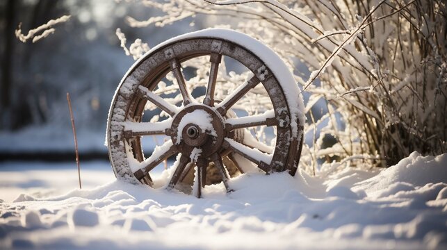 snow covered old wheel
