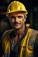 A smiling but tired construction worker in a yellow hard hat