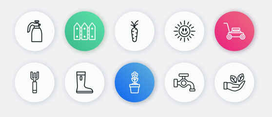 Set line Flower in pot, Lawn mower, Garden pitchfork, Water tap, Sun, Carrot, Leaf hand and Waterproof rubber boot icon. Vector
