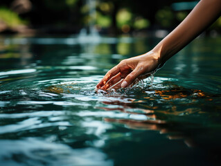 A delicate hand gently touches clear water, creating soft ripples and reflections under sunlight.