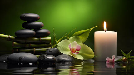 Tranquil Spa Scene with Candles, Flowers, and Beach Stones Reflecting on Water