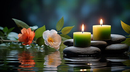 Tranquil Spa Scene with Candles, Flowers, and Beach Stones Reflecting on Water