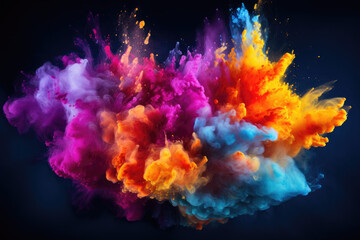 Fototapeta na wymiar Vibrant colored powder explosion in closeup. Abstract dust on a backdrop with colorful bursts.