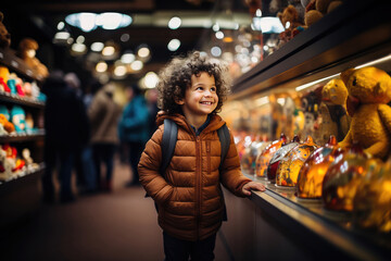 Curious child in puffer jacket marveling at toys in a bustling urban shop, surrounded by shoppers and lights. - obrazy, fototapety, plakaty