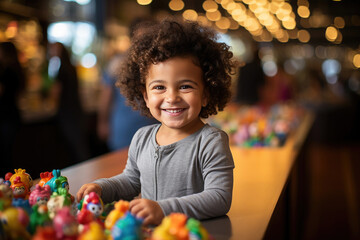 Joyful young girl with curly hair smiling brightly amidst colorful toys in a warmly lit store.