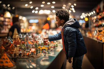 Curious young boy observing detailed miniature models in a warmly lit toy store with wonderment. - obrazy, fototapety, plakaty