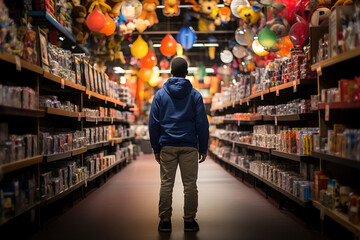 Back view of a young man browsing through a vibrant toy store aisle, surrounded by colorful merchandise. - obrazy, fototapety, plakaty