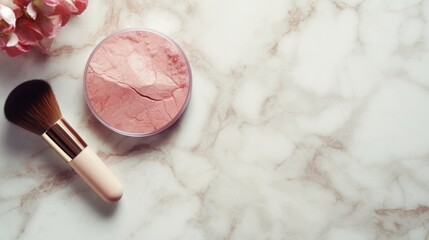 brush with blush on marble background.