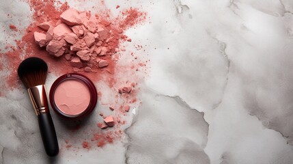 brush with blush on marble background.