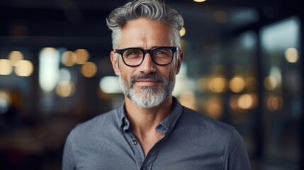 Fototapeta premium Photo of a handsome middle-aged man in stylish clothes and fashionable glasses.