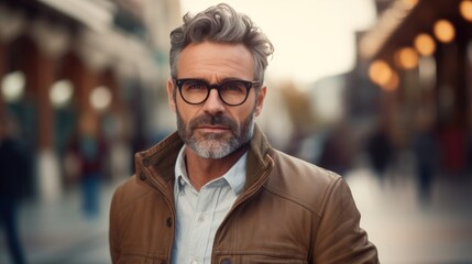 Photo of a handsome middle-aged man in stylish clothes and fashionable glasses.
