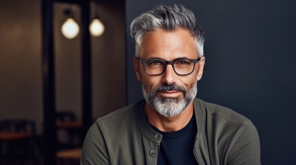 Photo of a handsome middle-aged man in stylish clothes and fashionable glasses. - obrazy, fototapety, plakaty