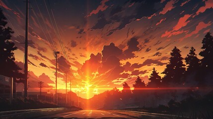 An anime style sunset on a highway, bright sky with clouds and a road. Shadows lie on the ground. - obrazy, fototapety, plakaty