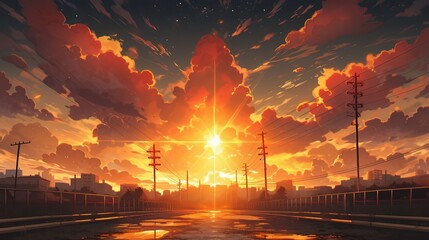 An anime style sunset in a city, bright sky with clouds and a road. Shadows lie on the ground.