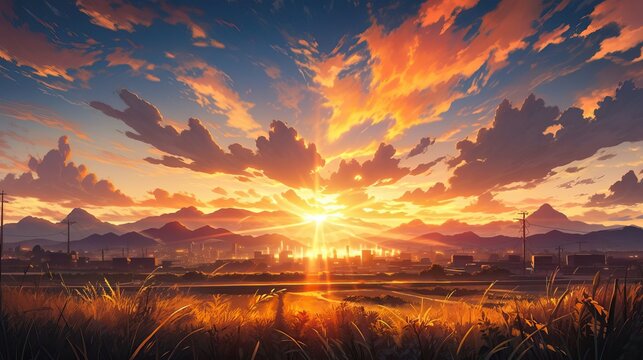 Anime style sunset in nature, bright sky with clouds, field and flowers. Shadows lie on the ground.
