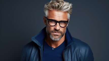 Photo of a handsome middle-aged man in stylish clothes and fashionable glasses. - obrazy, fototapety, plakaty