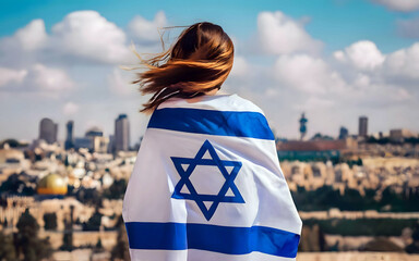 Naklejka premium Woman wrapped with Israel flag