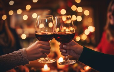 People toasting with wine at Christmas - obrazy, fototapety, plakaty
