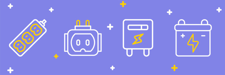 Set line Car battery, Electric meter, Tee plug electric and extension icon. Vector