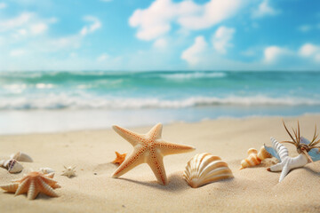 Fototapeta na wymiar Shells and starfish thrown on a beach