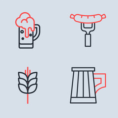 Set line Sausage on the fork, Wheat, Wooden beer mug and Glass of icon. Vector